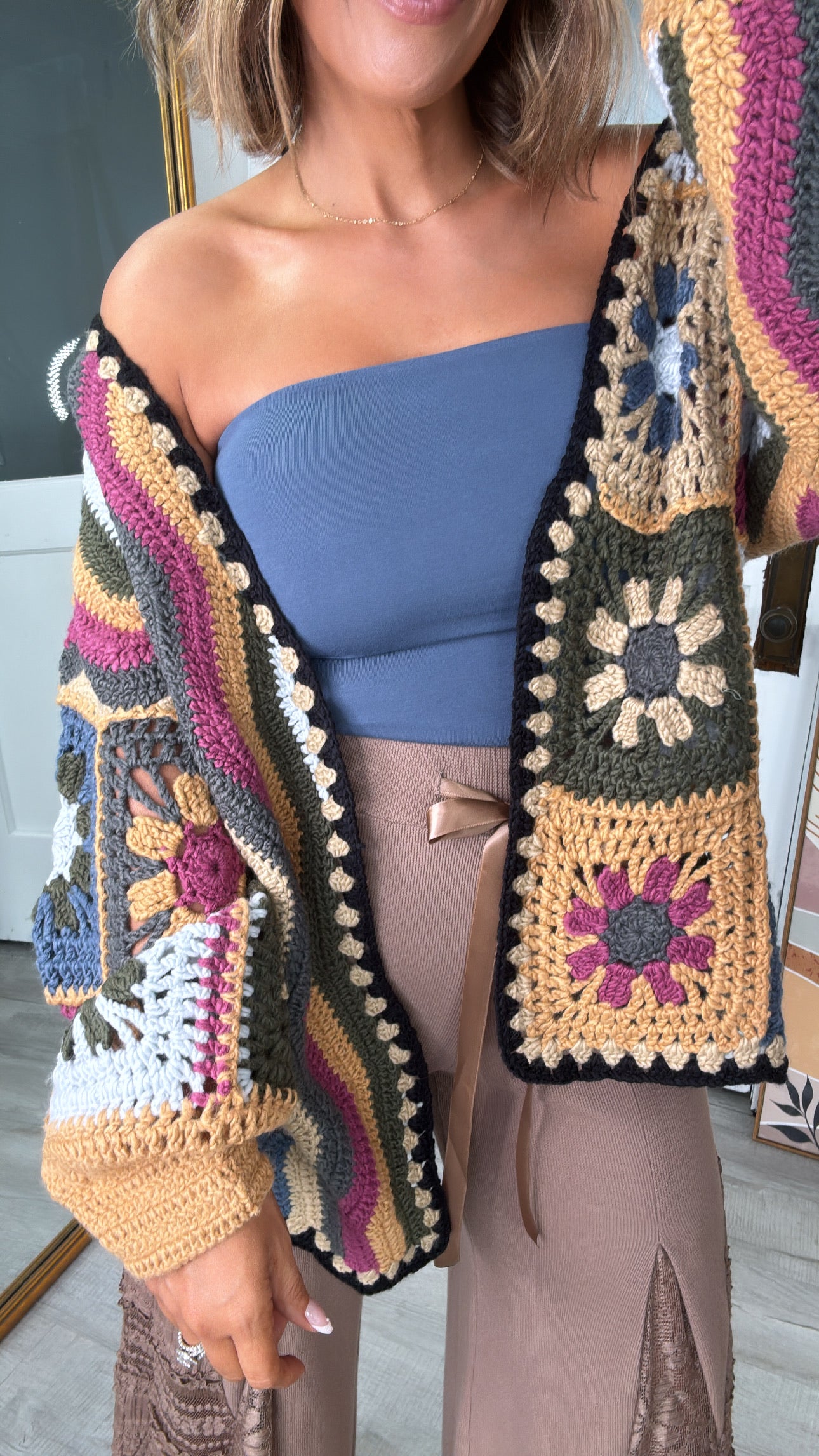 Hand Knit Square Patches Cardigan, Mustard & Olive – Everyday Chic