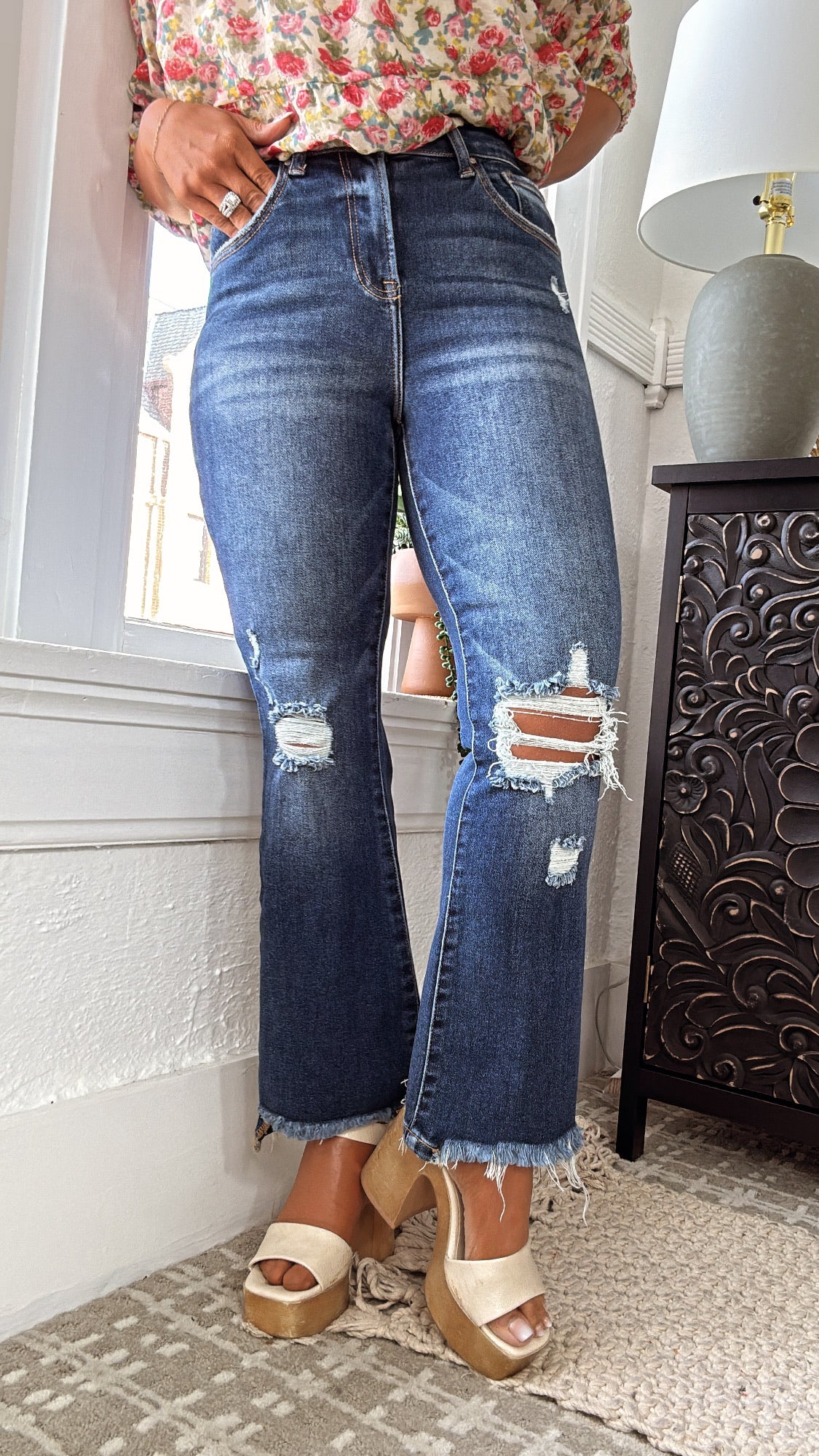 High Rise Cropped Flare Jeans with Side Slit