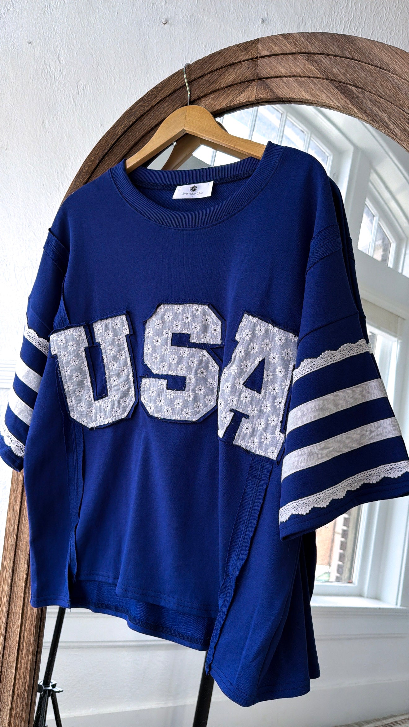 Lace USA Detailed Top, Navy – Everyday Chic Boutique