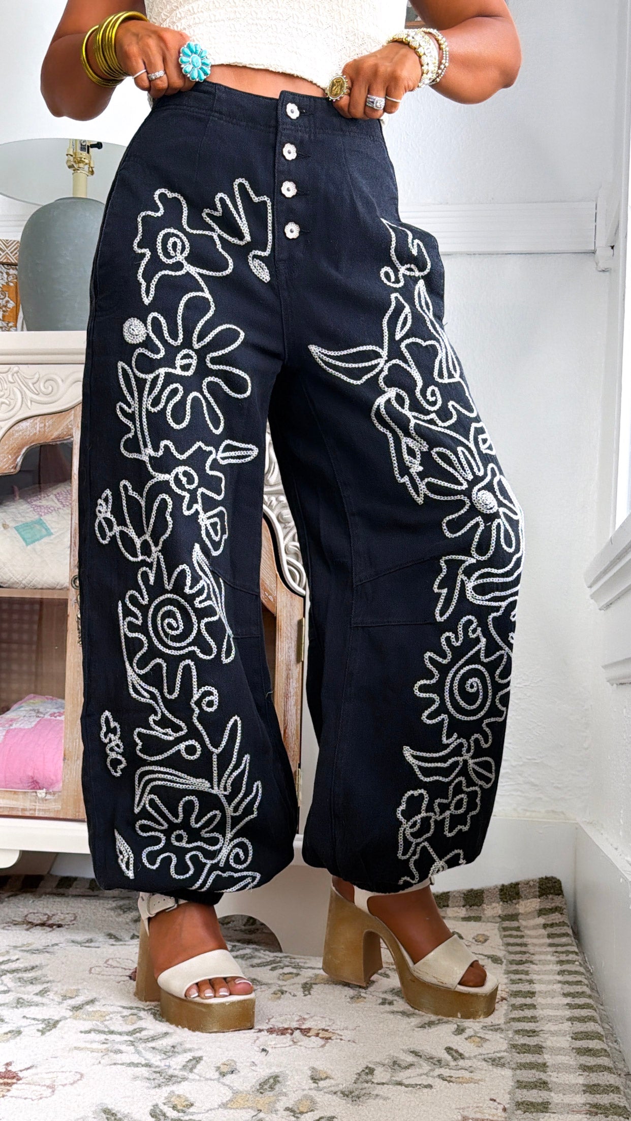 For The Love Of Floral Embroidered Denim Jogger, Black – Everyday