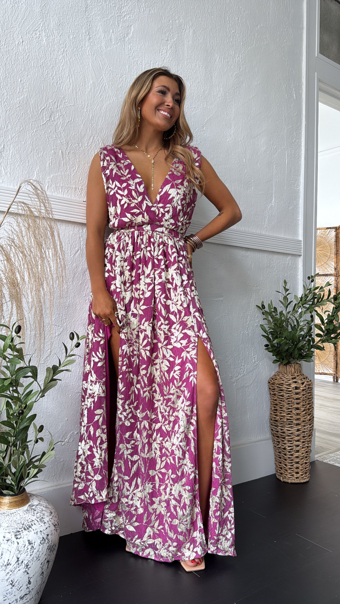 Rosaline Plunge Maxi Dress, Magenta/Gold Small