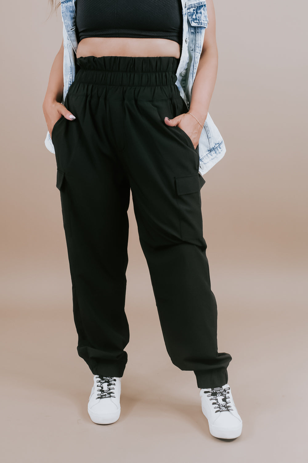 High Waisted Paperbag Joggers, Black