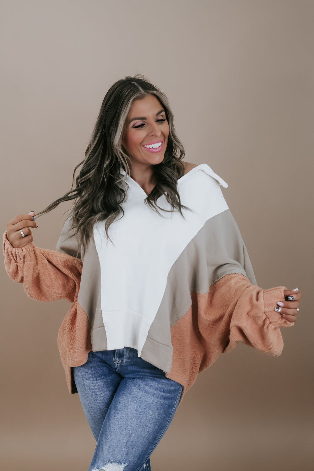 Oversized Contrasted Top, Cream/Taupe