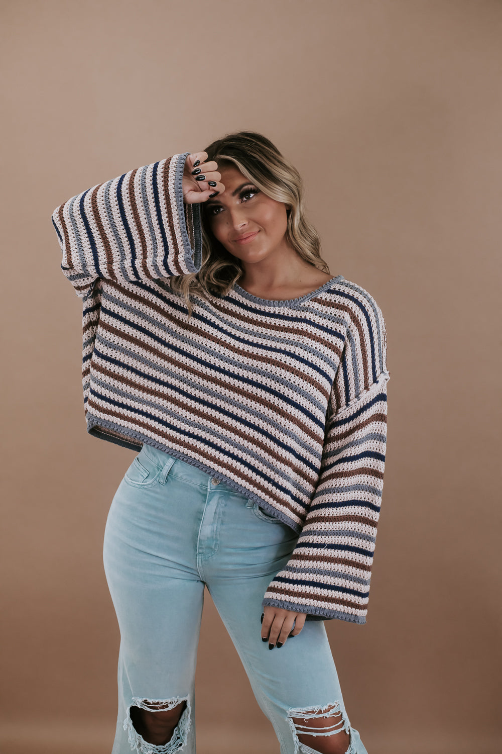 Relaxed Striped Knit Sweater, Ash Taupe/Multi