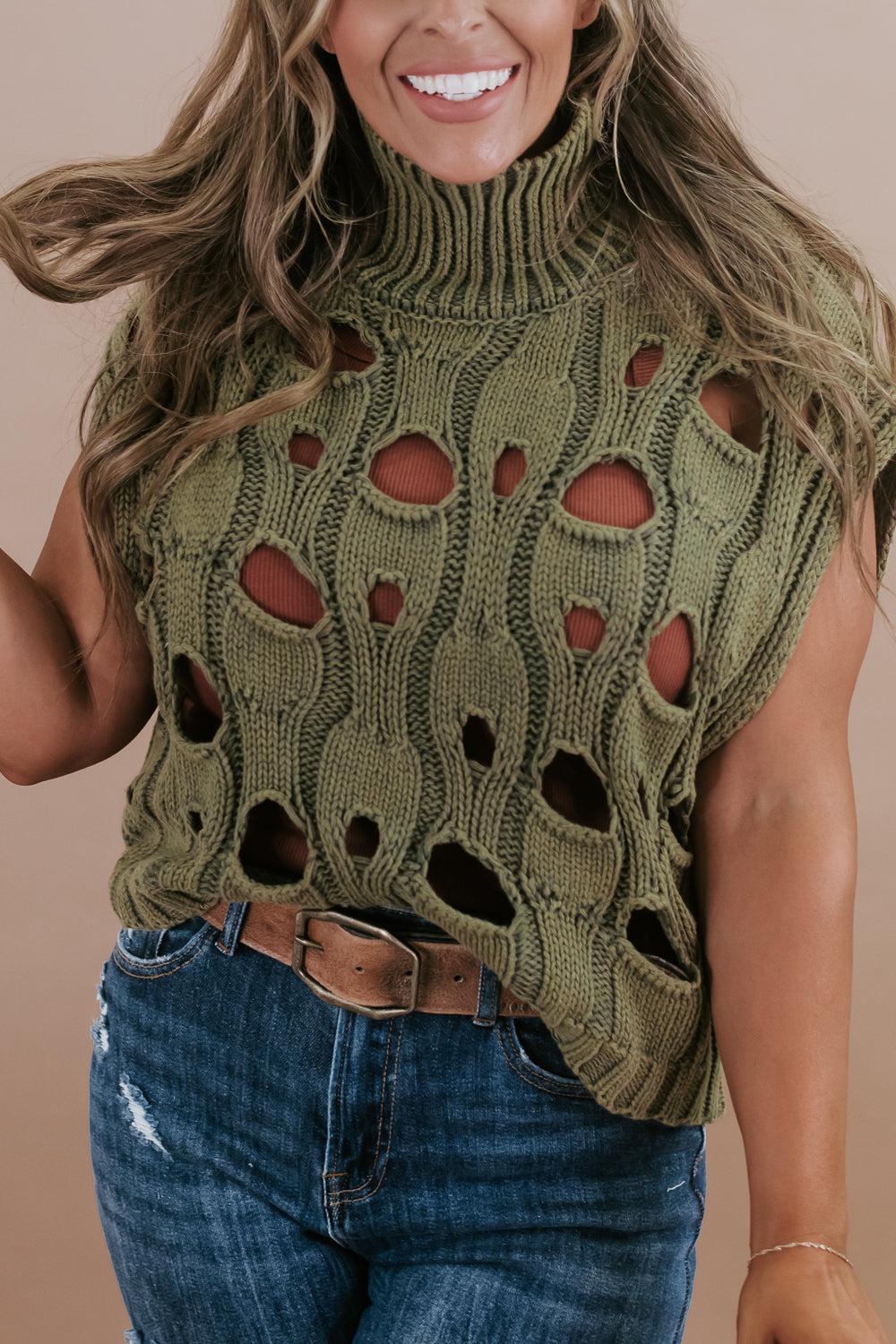Mineral Washed Distressed Sweater Vest, Olive
