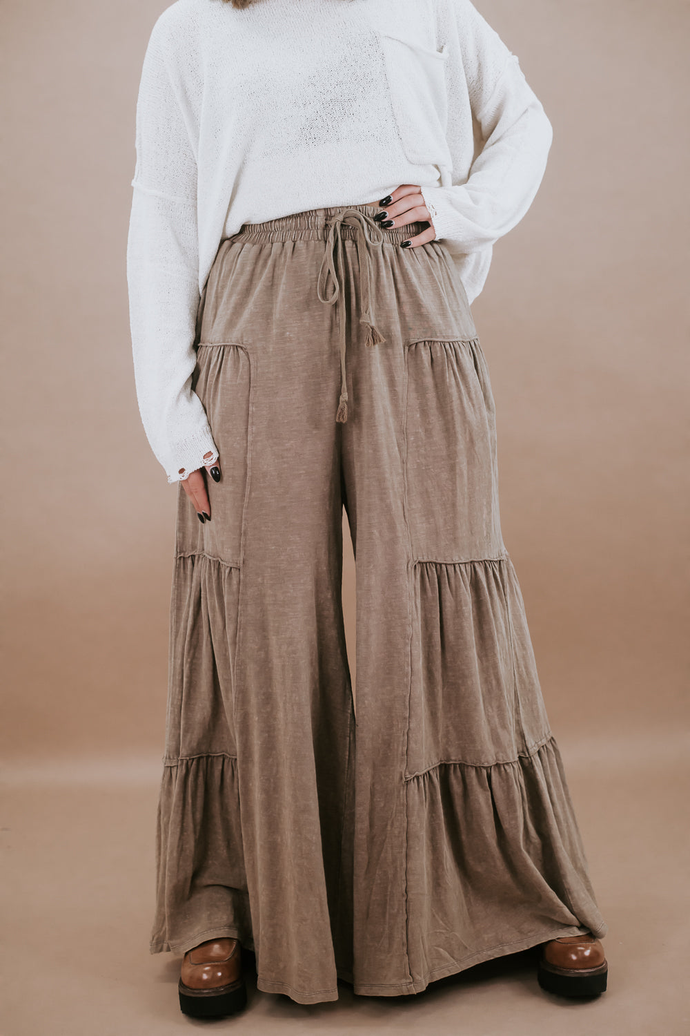 Mineral Washed Tiered Wide Leg Pants, Mocha – Everyday Chic Boutique