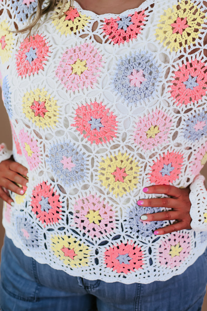 Crochet Long Sleeve Top, Multicolor