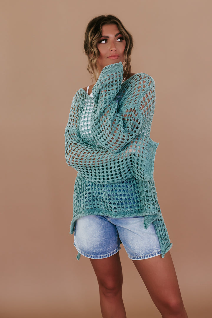 Crochet Mesh Boat Neck Sweater Top, Teal