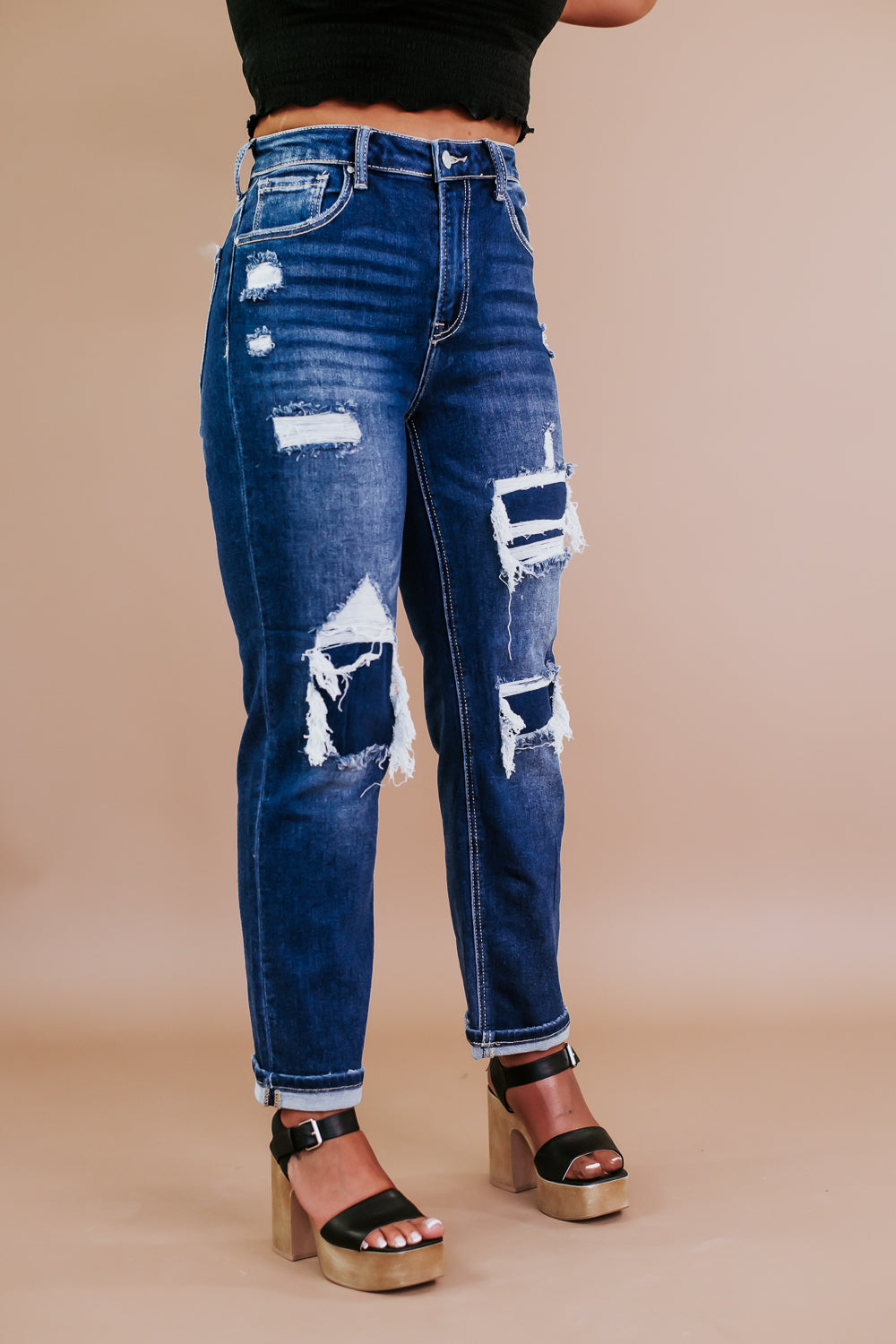 Patched High Rise Straight Jeans, Dark RISEN