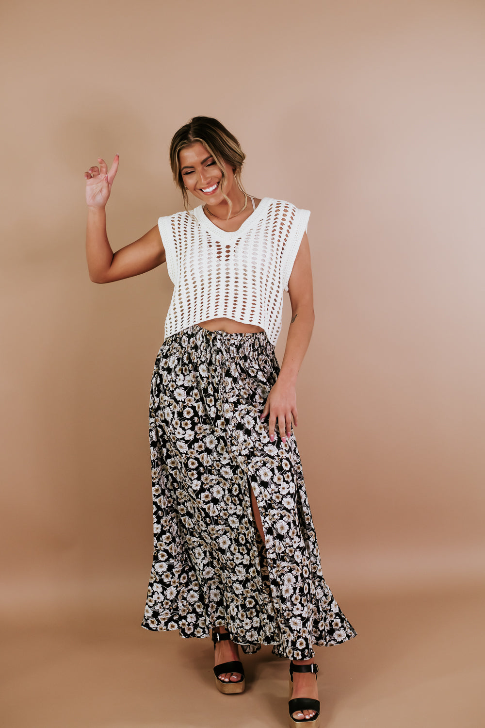 Floral Smock Waist Tiered Flared Maxi Skirt, Black