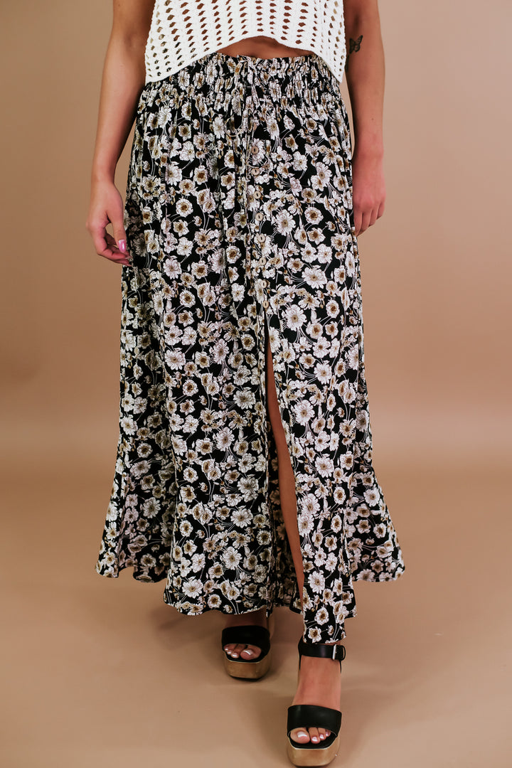 Floral Smock Waist Tiered Flared Maxi Skirt, Black