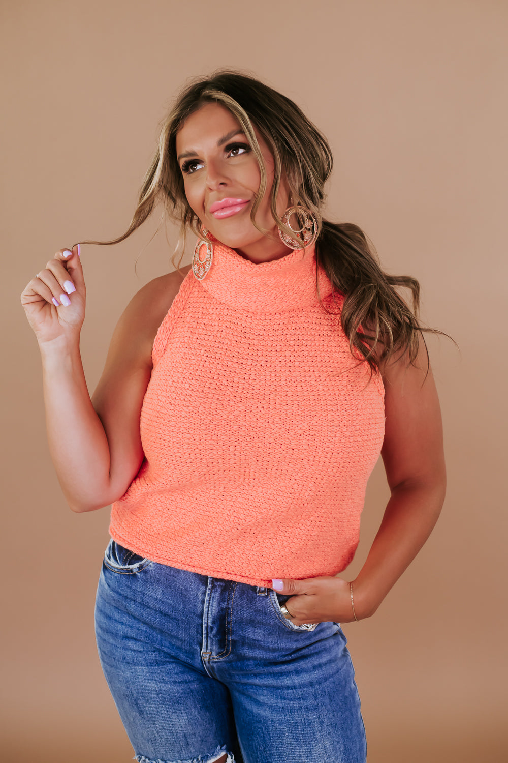 BY TOGETHER:Cowl Neck Sweater Tank, Orange By