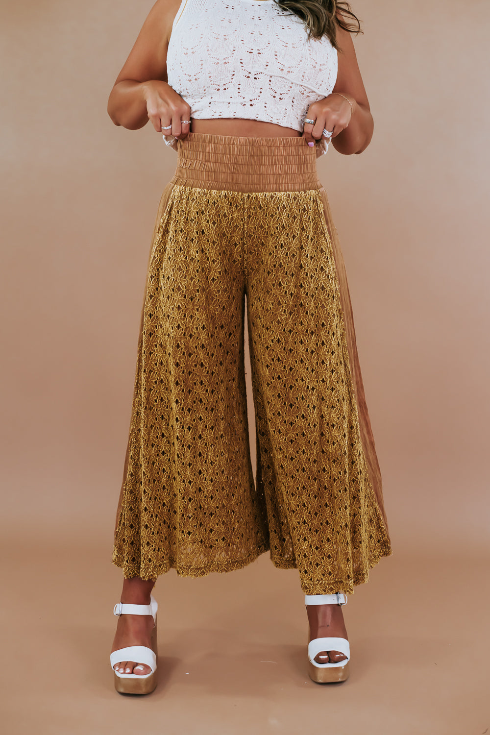 Mineral Washed Lace Wide Pants, Mustard