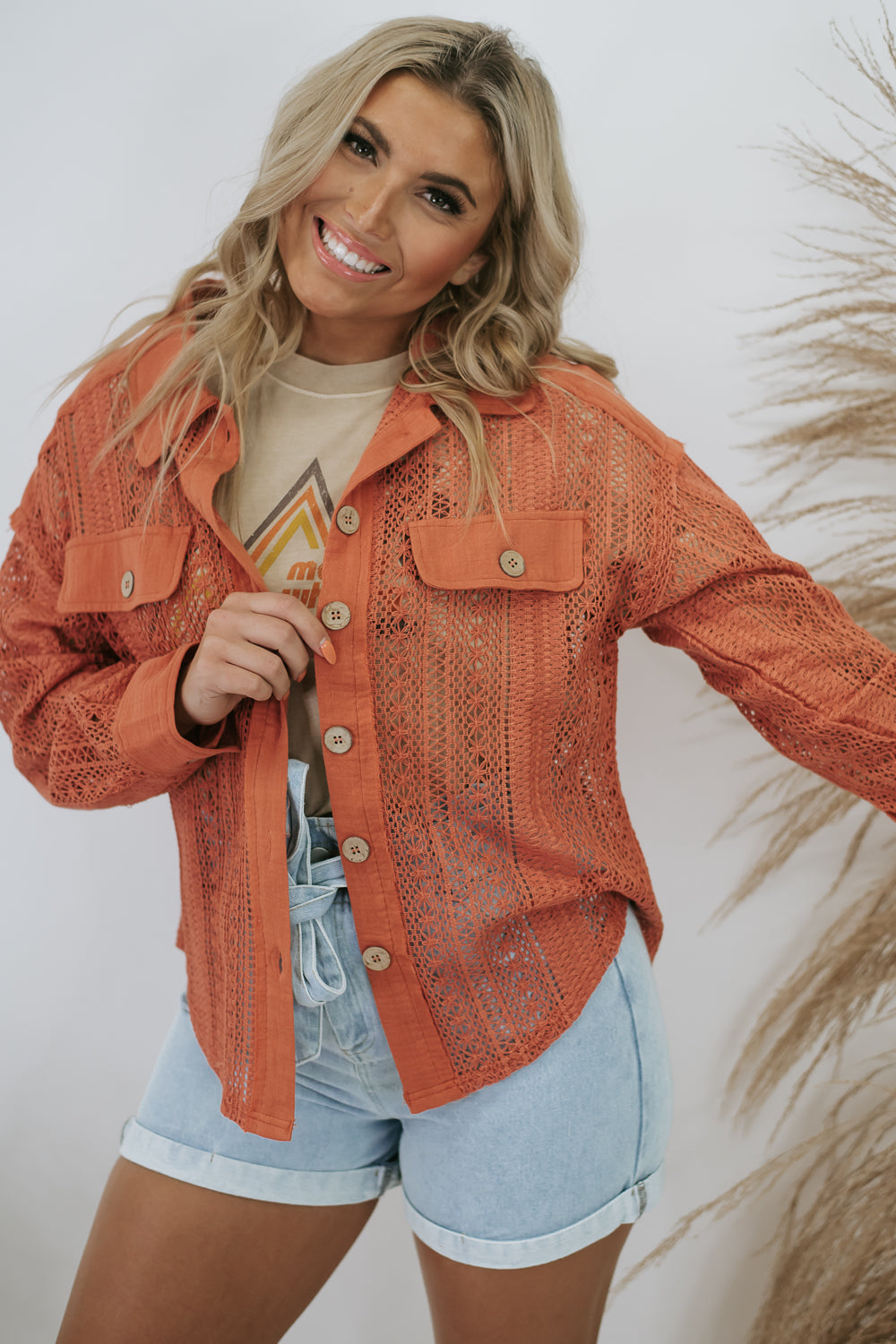 Can't Get Enough Crochet Button Down Top, Rust