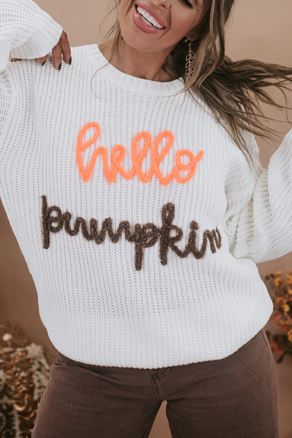 Hello Pumpkin Embroidered Sweater, Ivory
