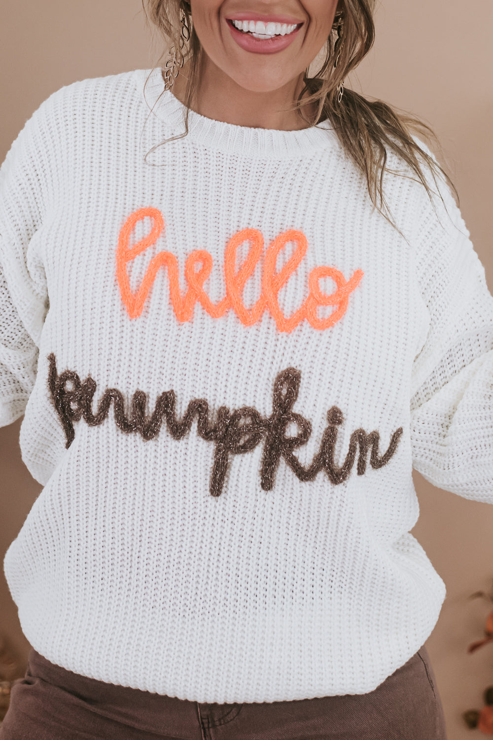 Hello Pumpkin Embroidered Sweater, Ivory