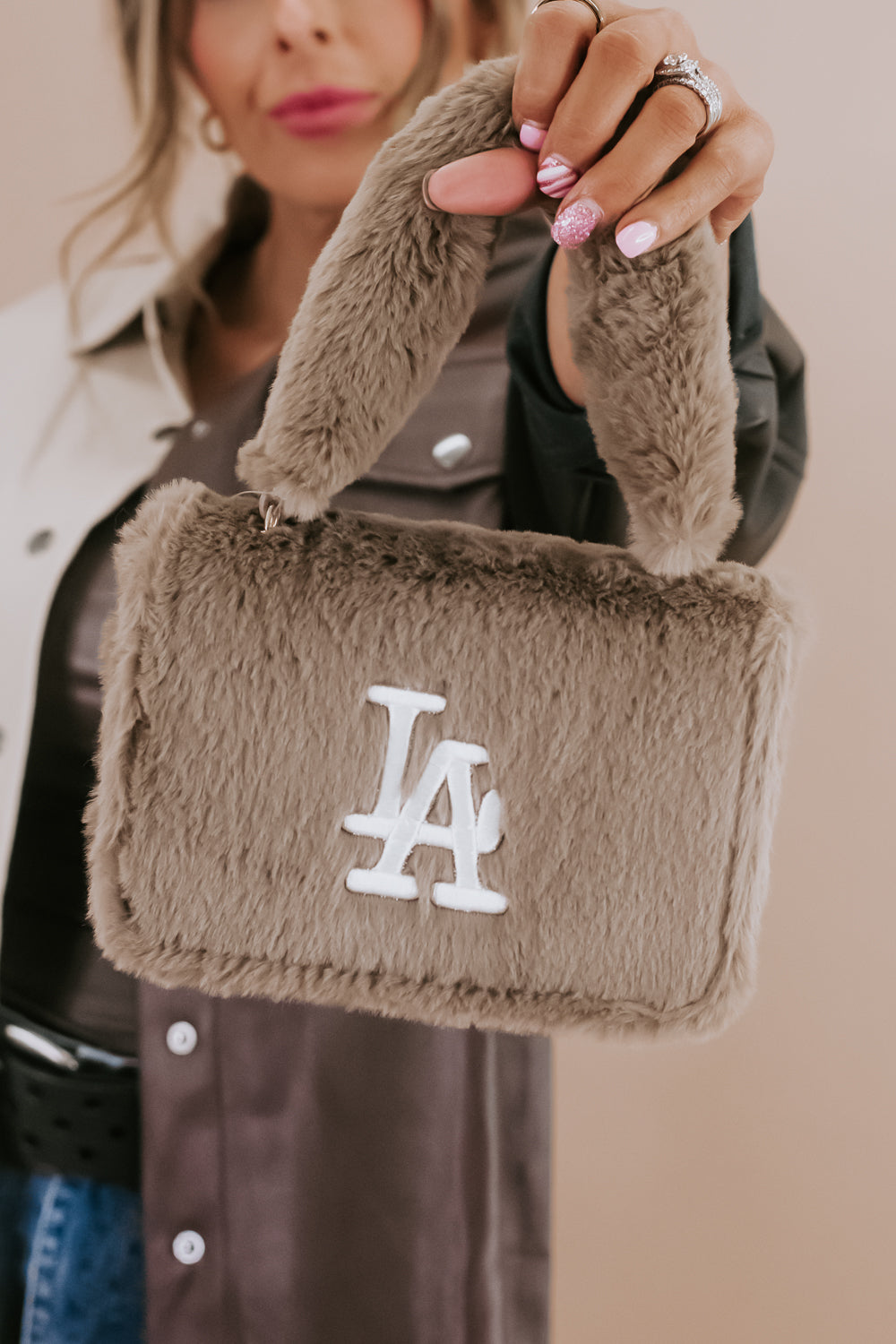 Embroidered Fur Crossbody, Taupe