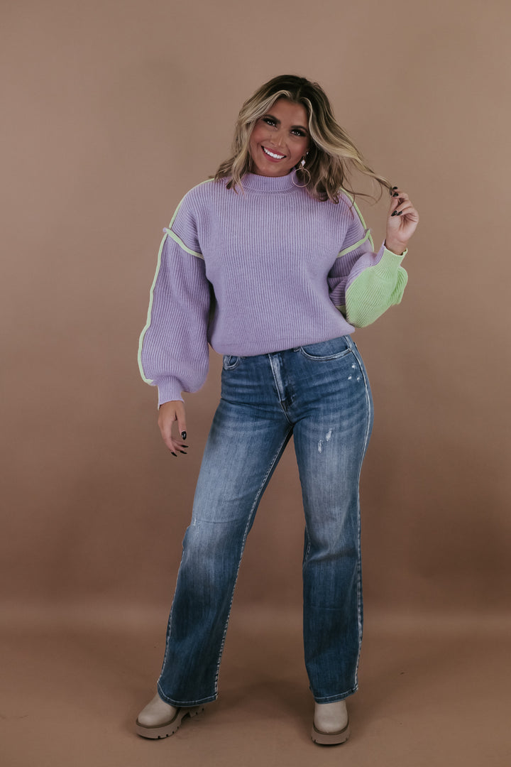Mock Neck Color Blocked Sweater, Lavender/Mint