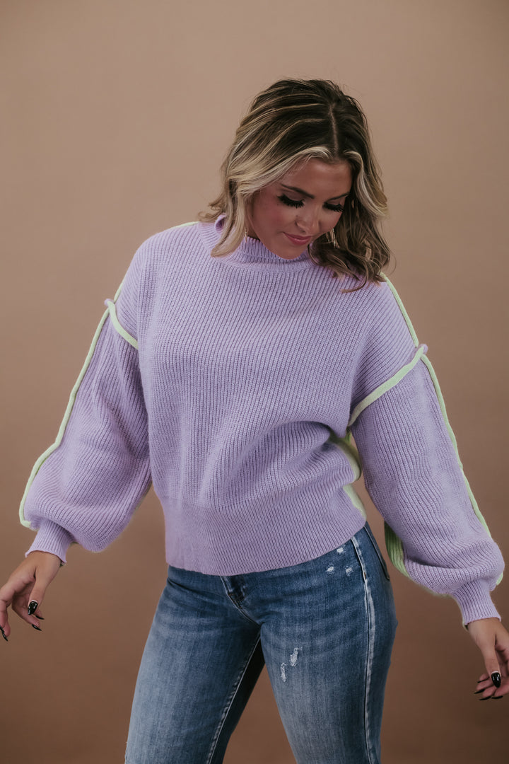 Mock Neck Color Blocked Sweater, Lavender/Mint