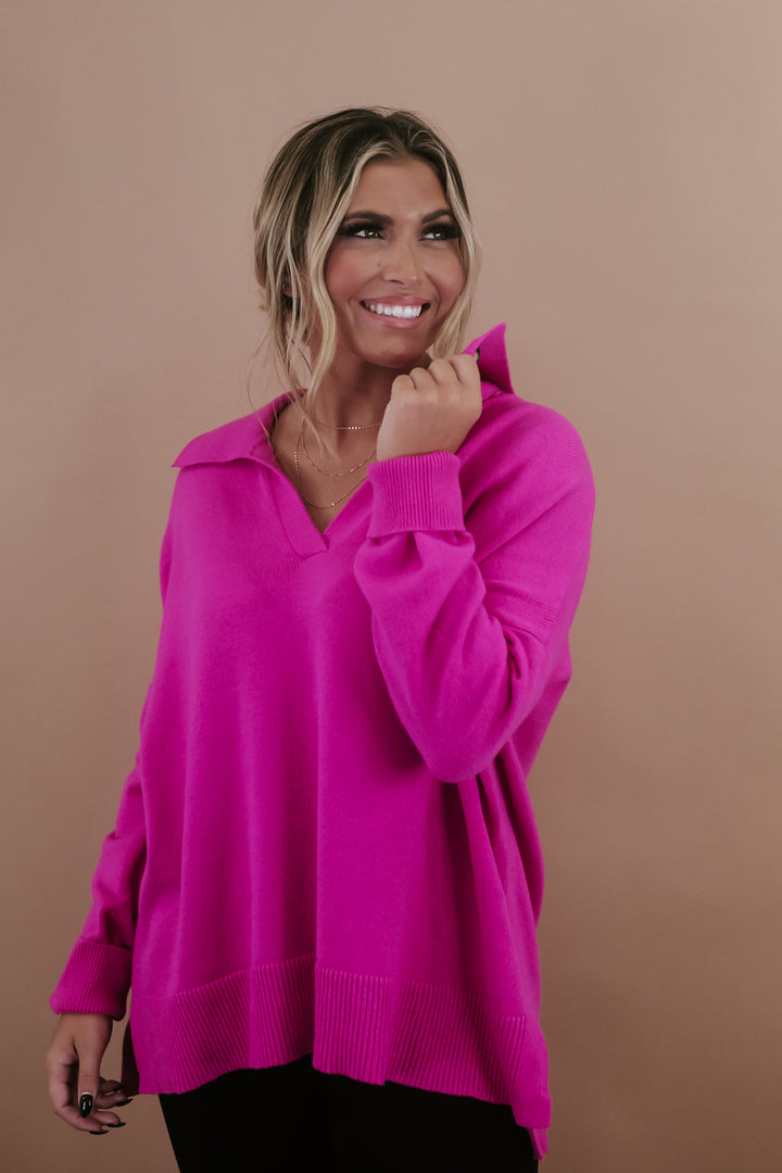 Talk Of The Town High Low Sweater , Hot Pink