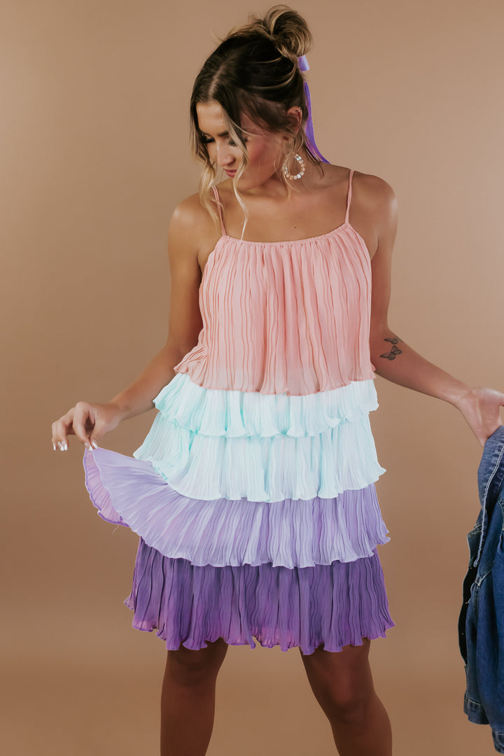 For the Frill Tiered Mini Dress, Lavender Multi