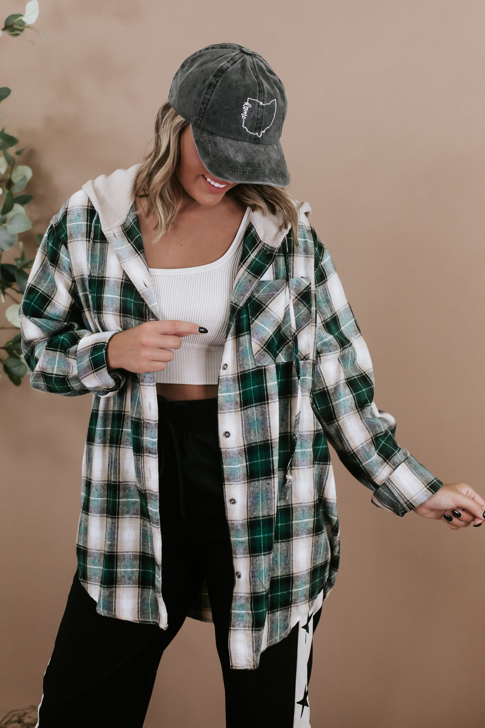 Oversized Button up Hooded Flannel, Emerald
