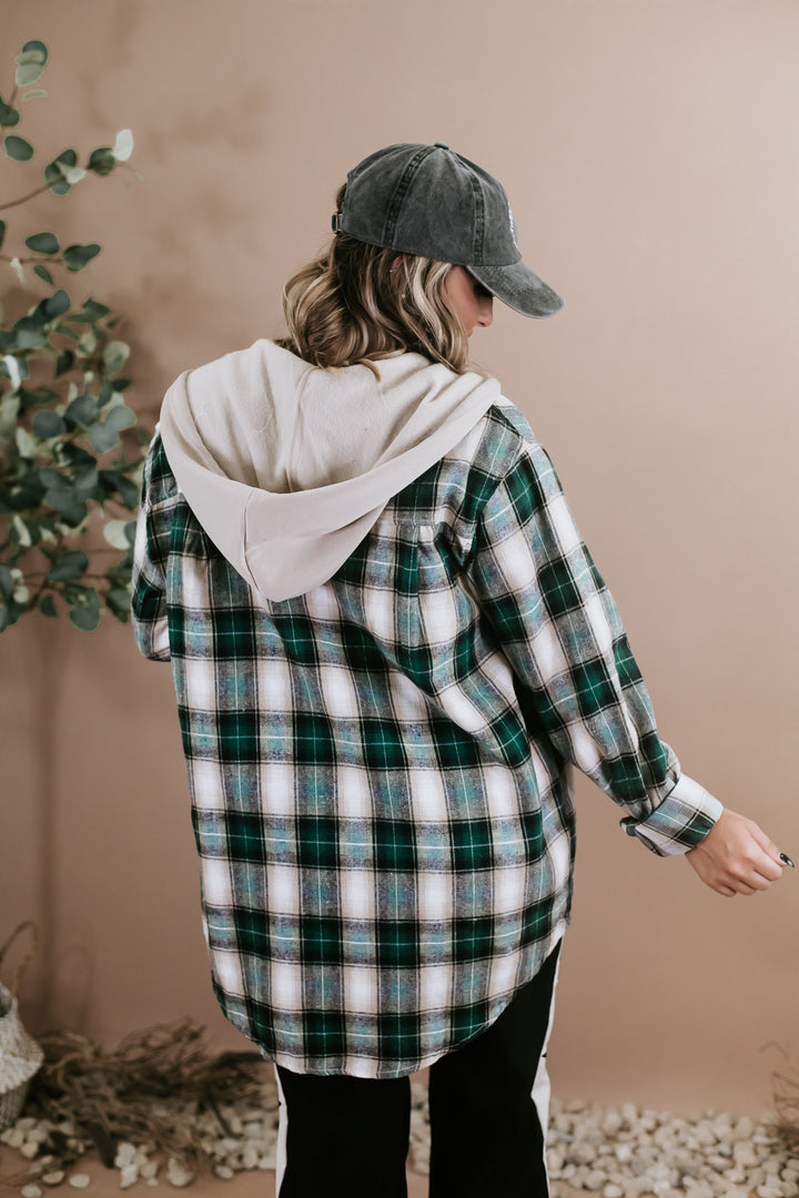 Oversized Button up Hooded Flannel, Emerald
