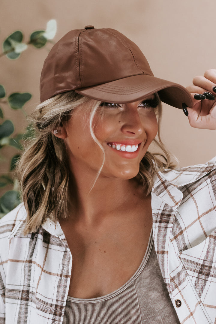 Faux Leather Baseball Cap, Brown