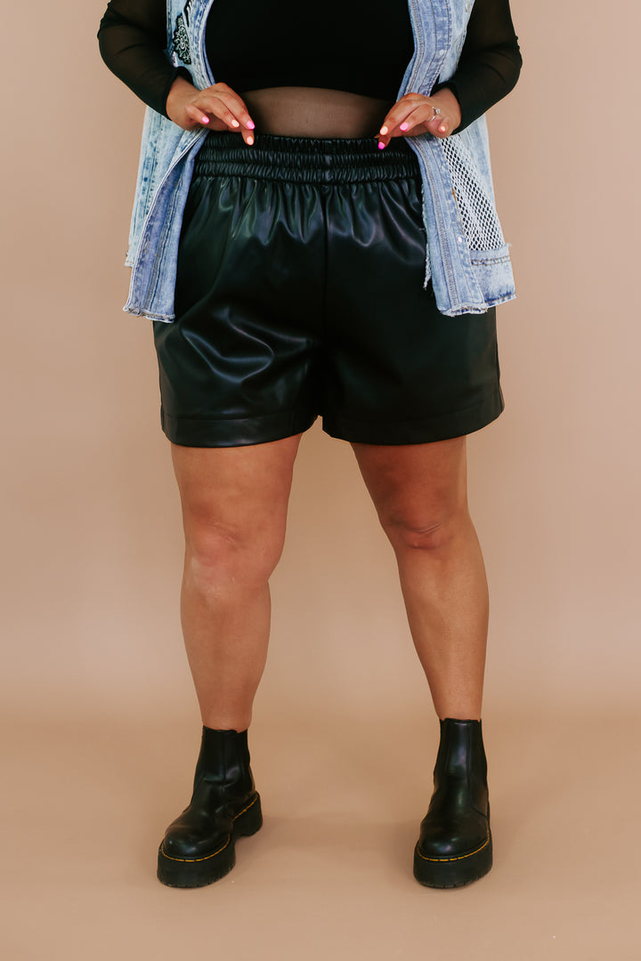 Faux Leather High Waisted Shorts, Black