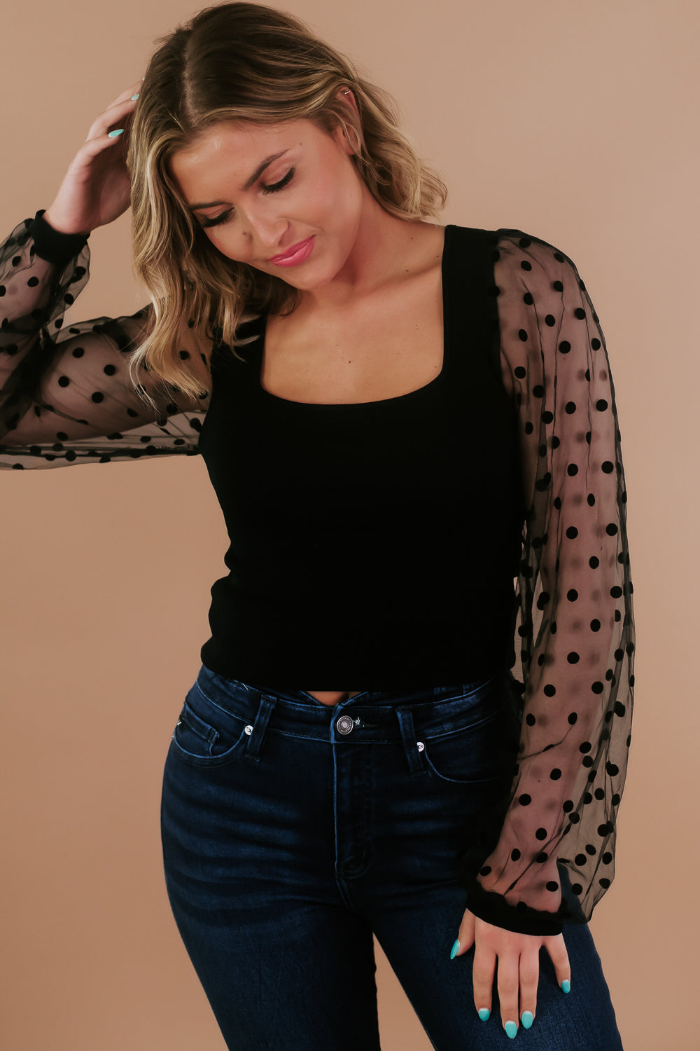sheer black polka dot top