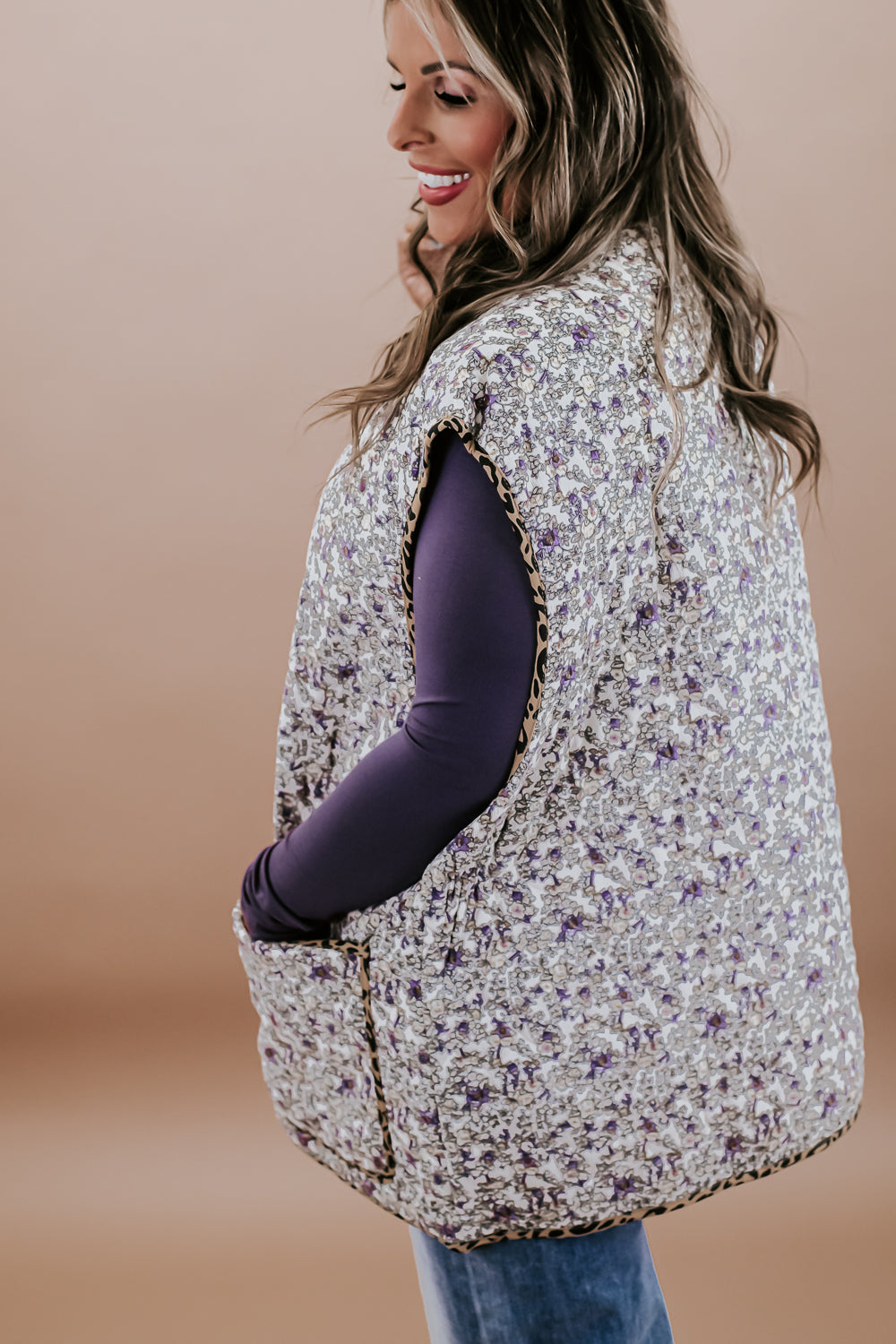 Oversized Floral Printed Vest, Cream/Violet