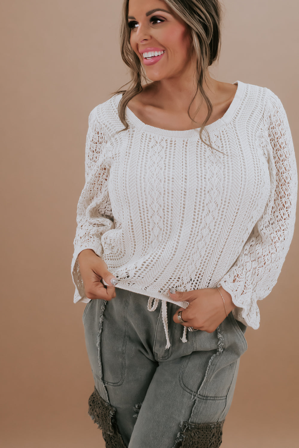 Puff Sleeve Knit Sweater Top, Cream