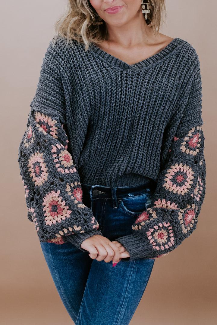 Chenille V-Neck Sweater, Charcoal