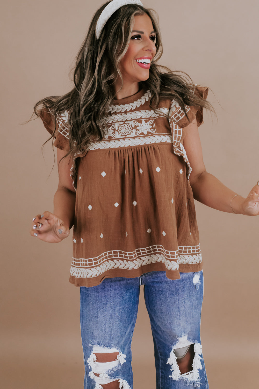 Wing Sleeve Embroidery Detail Top, Brown