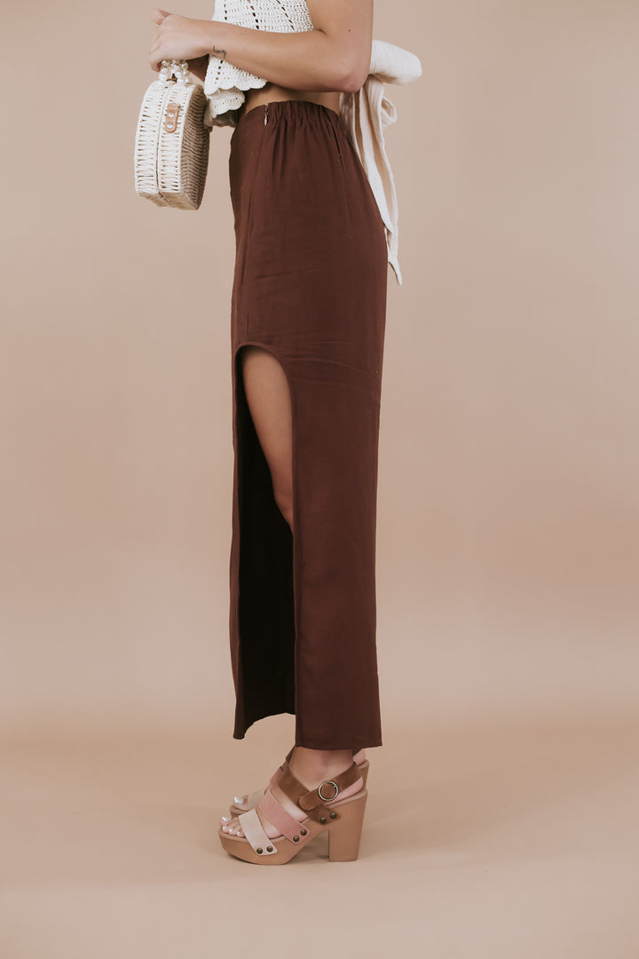 Side Slit Woven Maxi Skirt, Chocolate