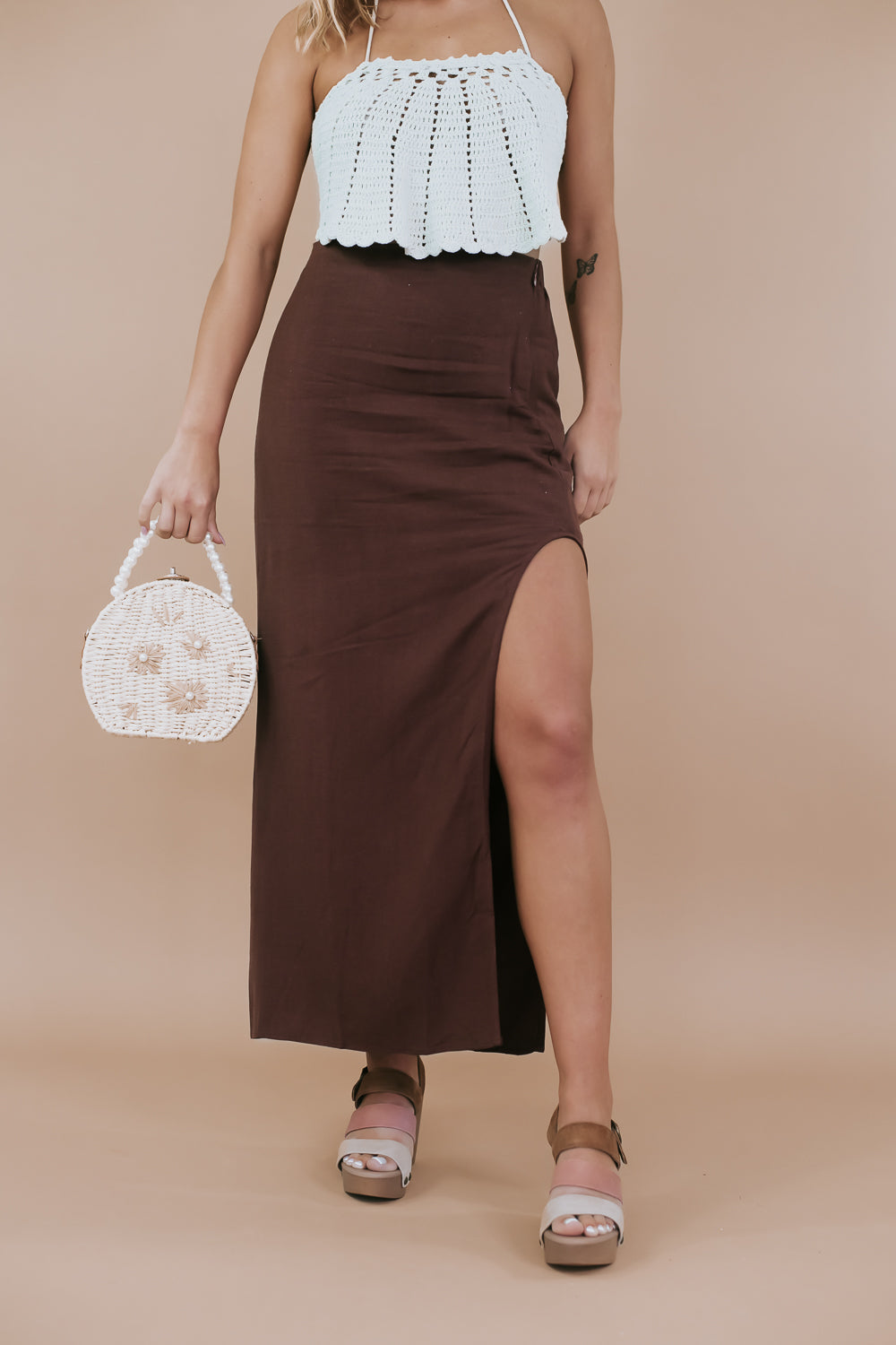 Side Slit Woven Maxi Skirt, Chocolate
