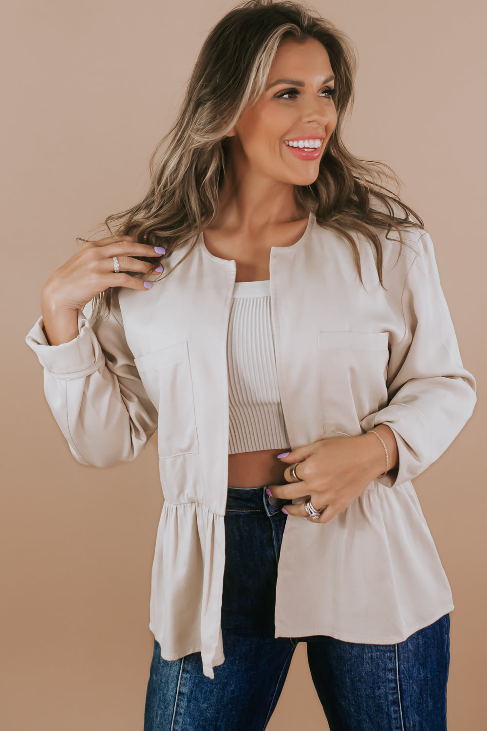 Pretty in Peplum Jacket, Taupe