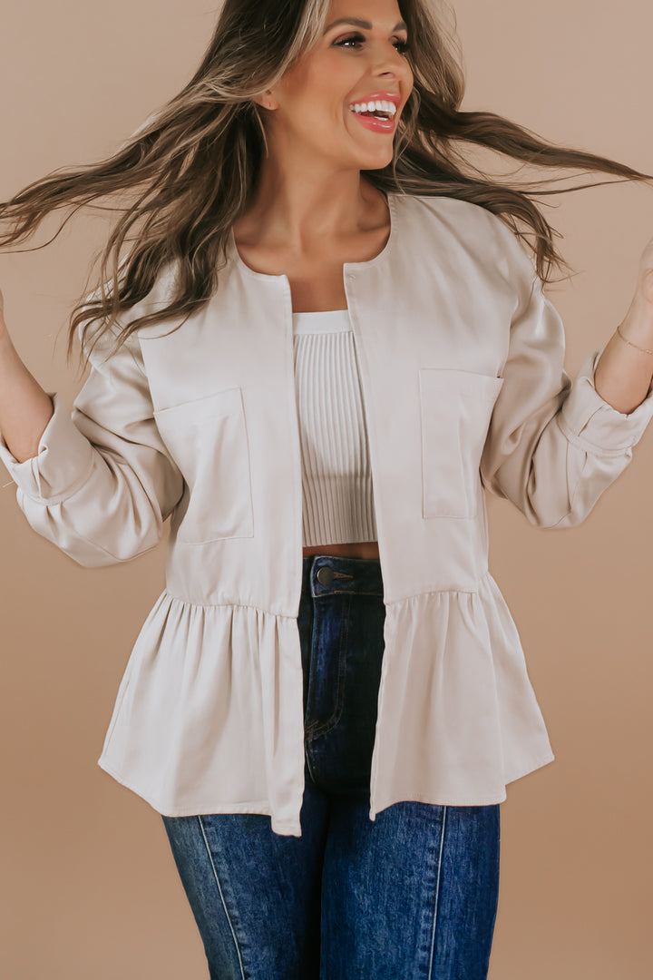 Pretty in Peplum Jacket, Taupe