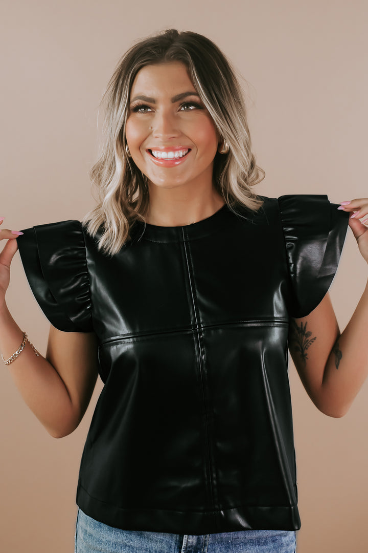 Faux Leather Ruffle Sleeve Top, Black