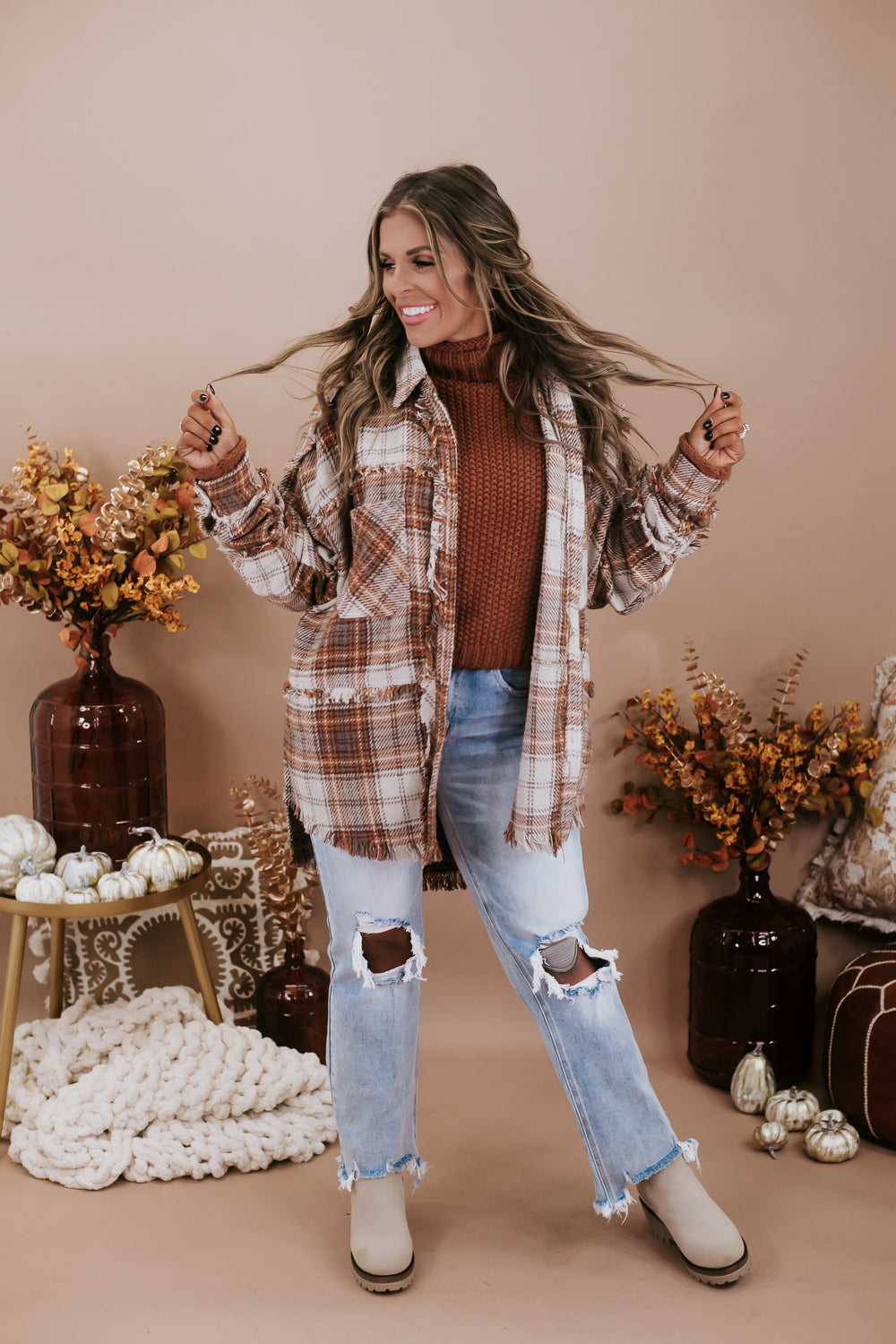 Ollie Oversized Worn Flannel, Taupe