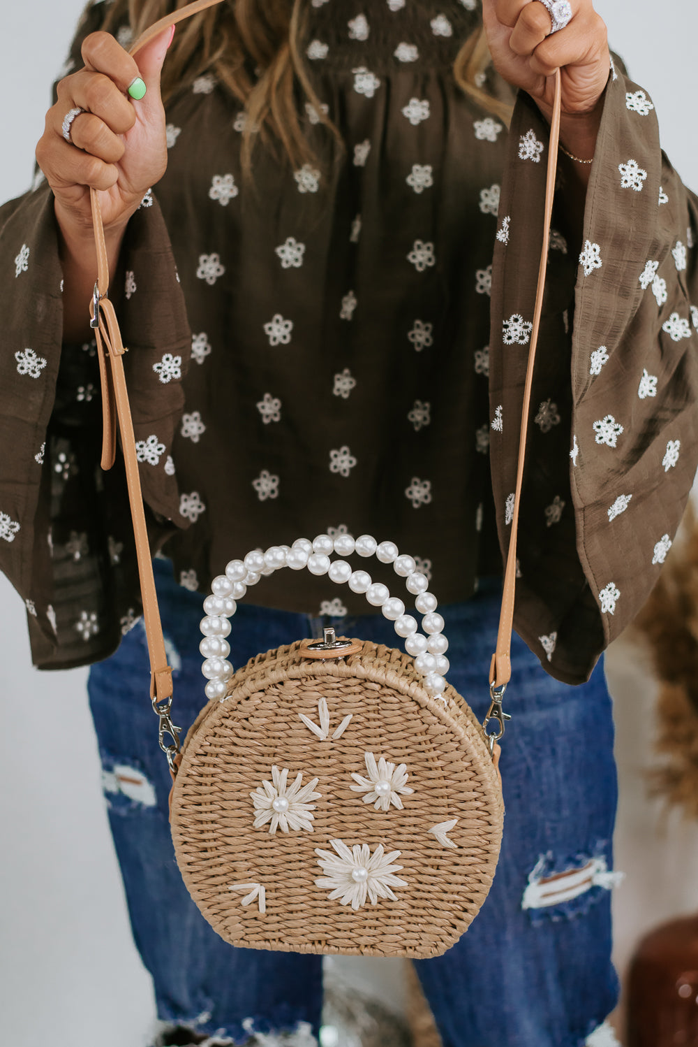 Pearl Flower Handbag, Tan