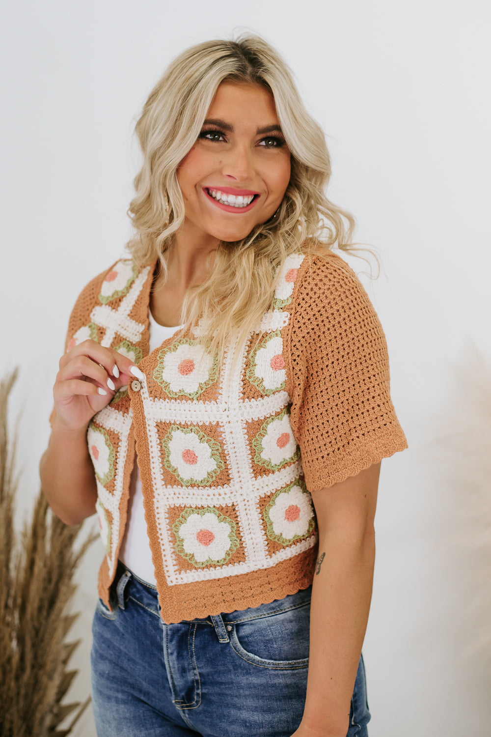 Free Fall Floral Patchwork Cardi, Sand