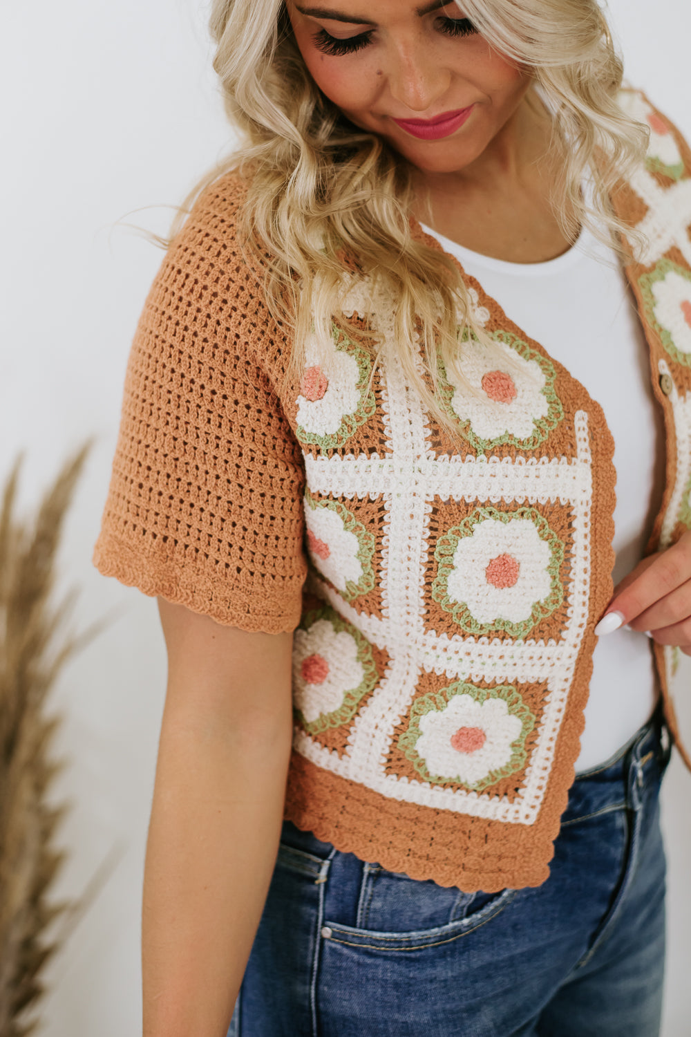 Free Fall Floral Patchwork Cardi, Sand