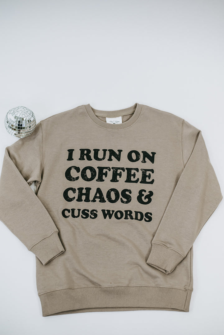 Coffee, Chaos, Cuss Words Crewneck, Light Mocha