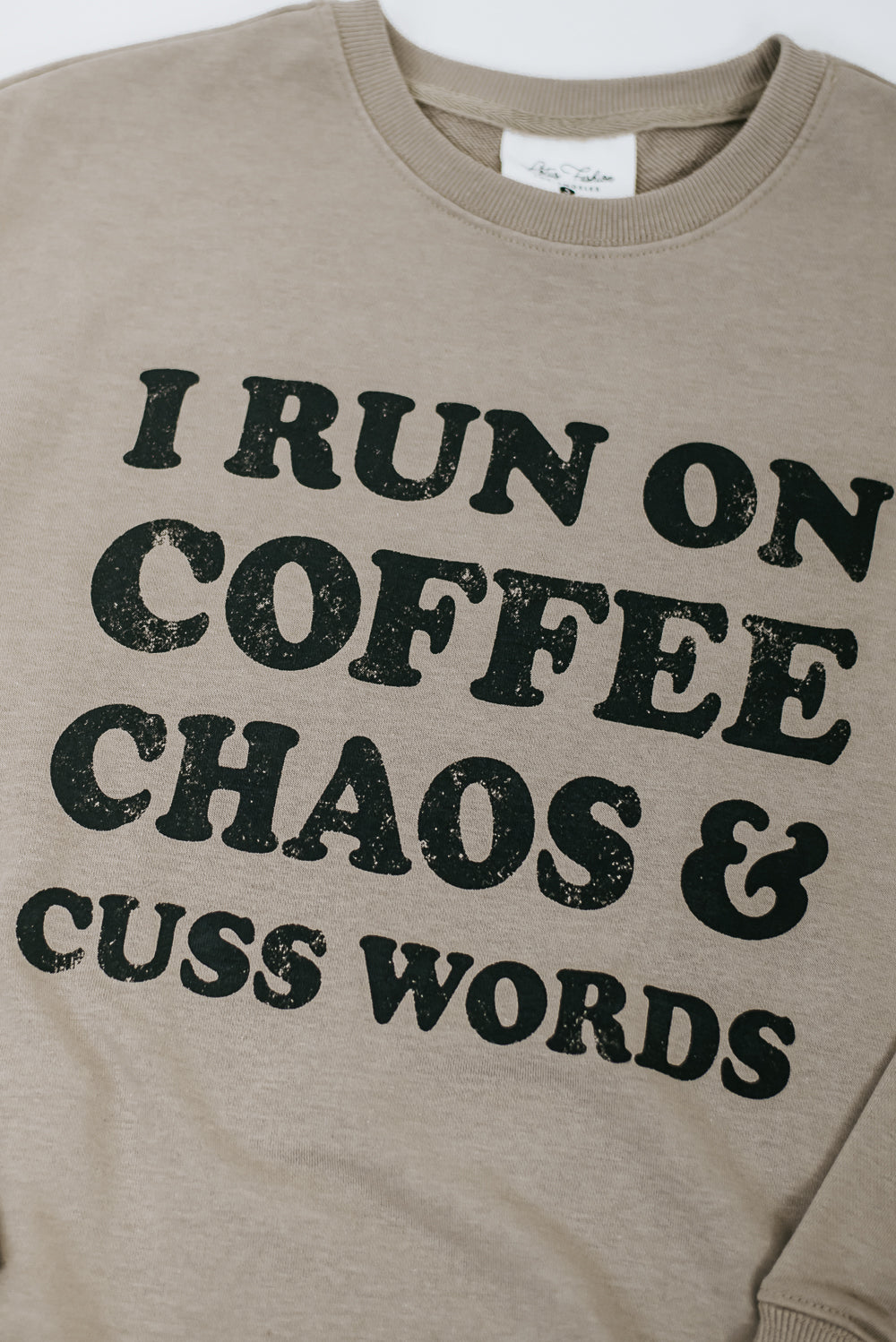 Coffee, Chaos, Cuss Words Crewneck, Light Mocha