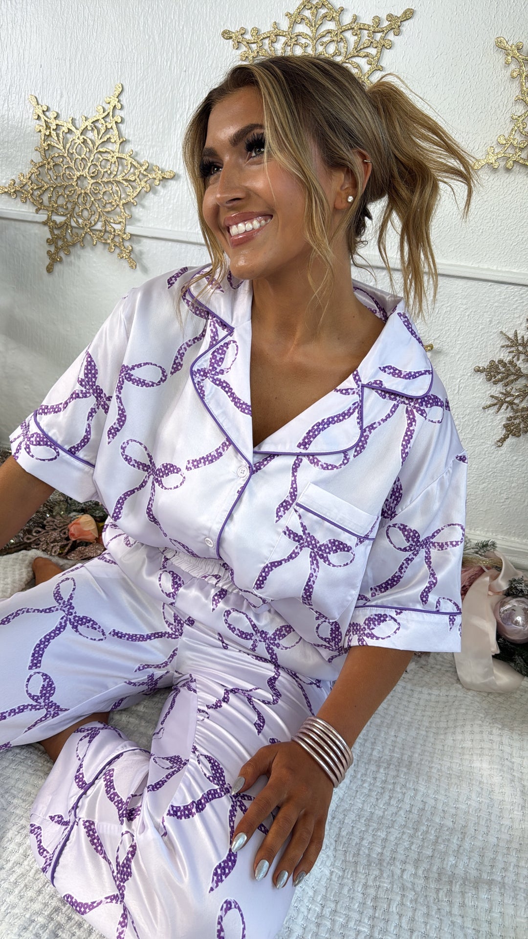 Bliss & Bows Satin Pajama Set, Purple