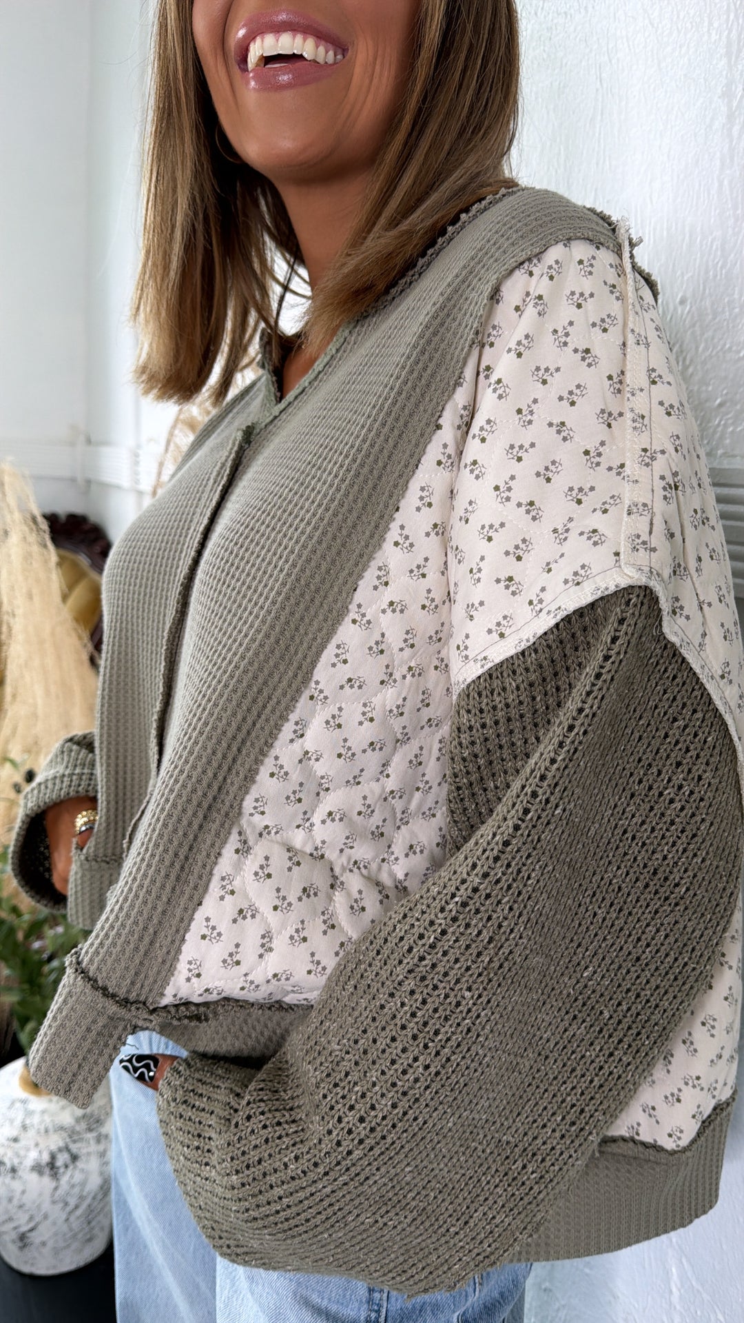 DOORBUSTER: POL Floral Sleeve Sweater, Olive