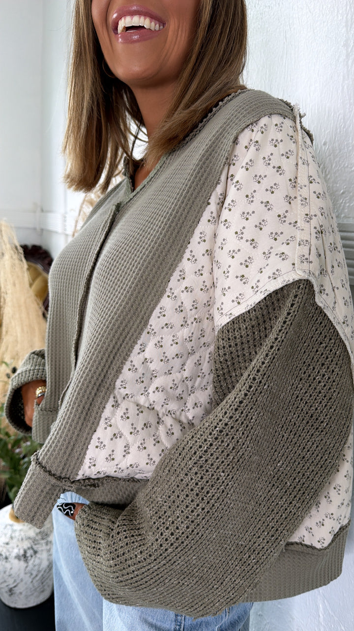 DOORBUSTER: POL Floral Sleeve Sweater, Olive