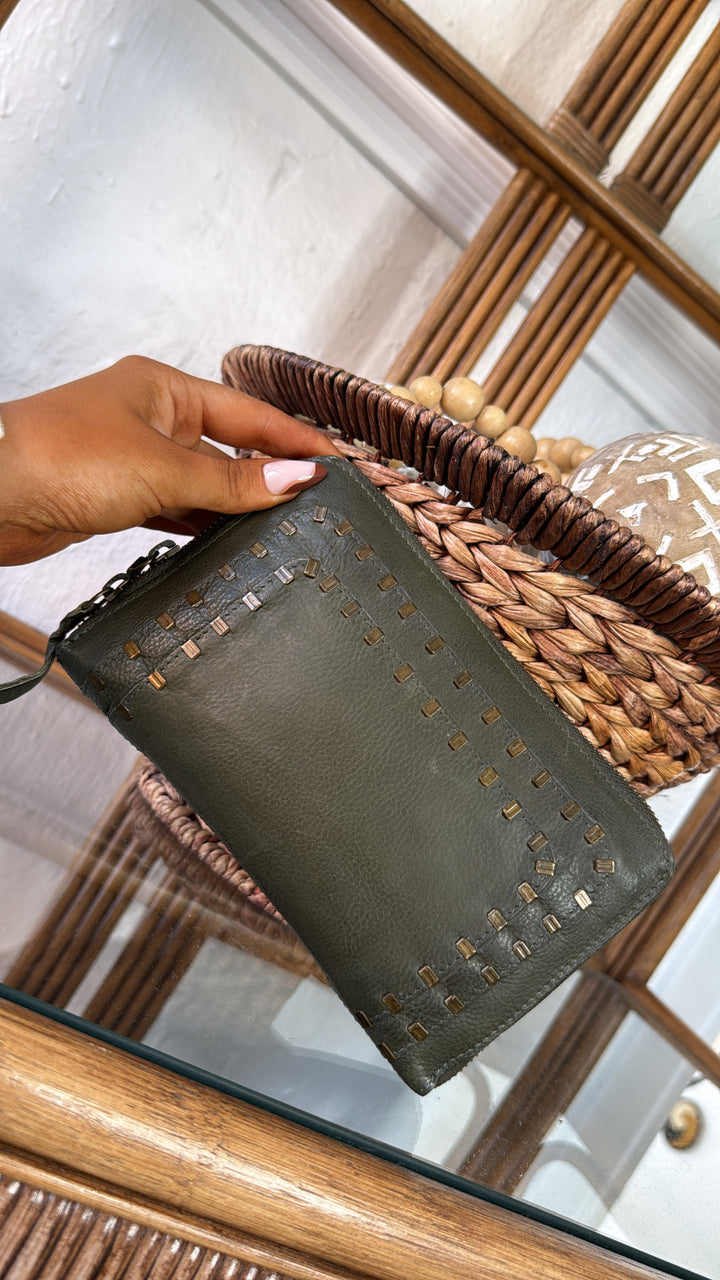 Take The Stage Studded Clutch, Olive