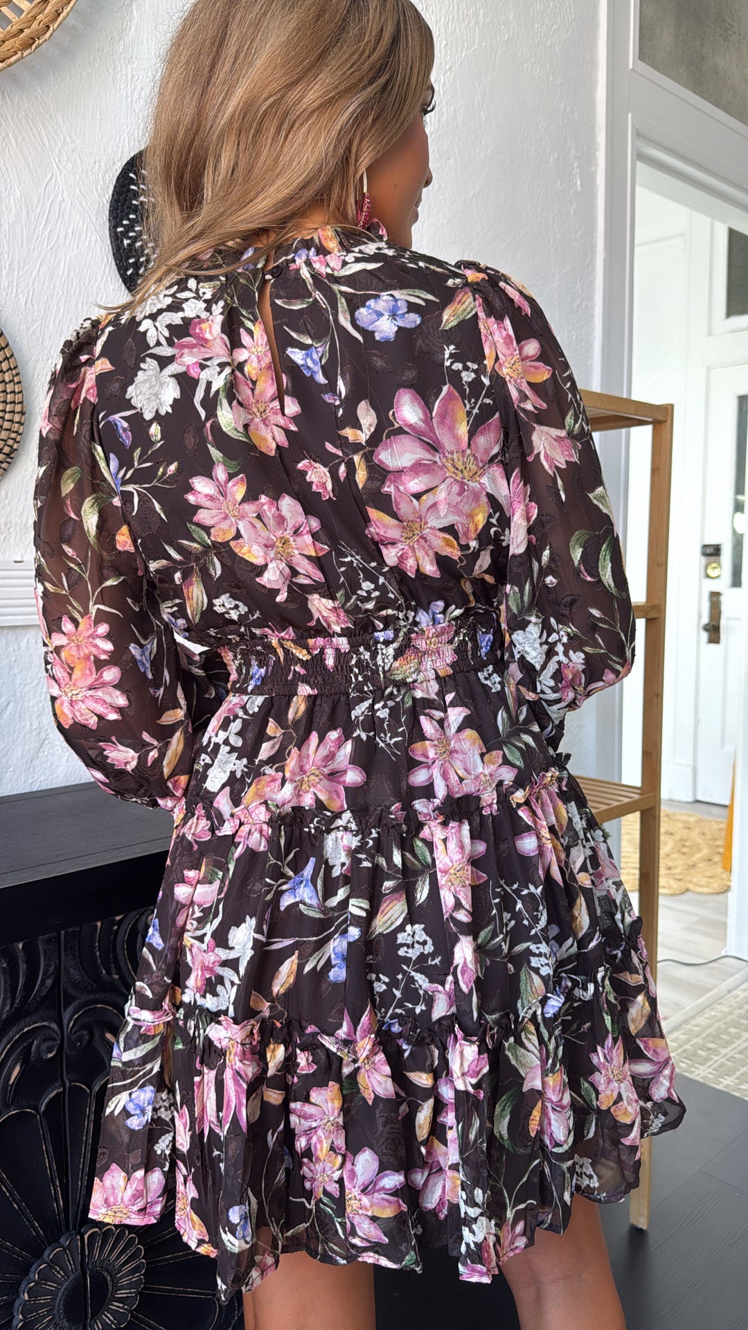 Midnight Flower Mini Dress, Chocolate Multi